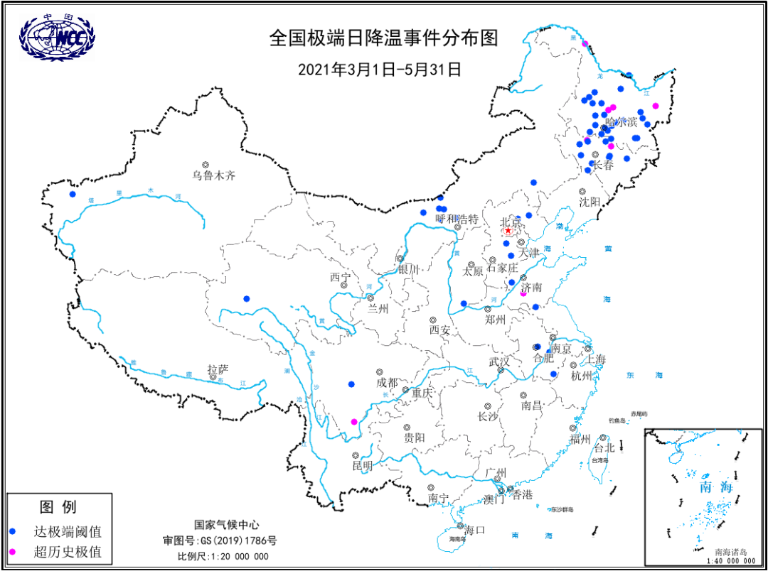 2021年春季全国极端高温事件,极端日降温事件分布图