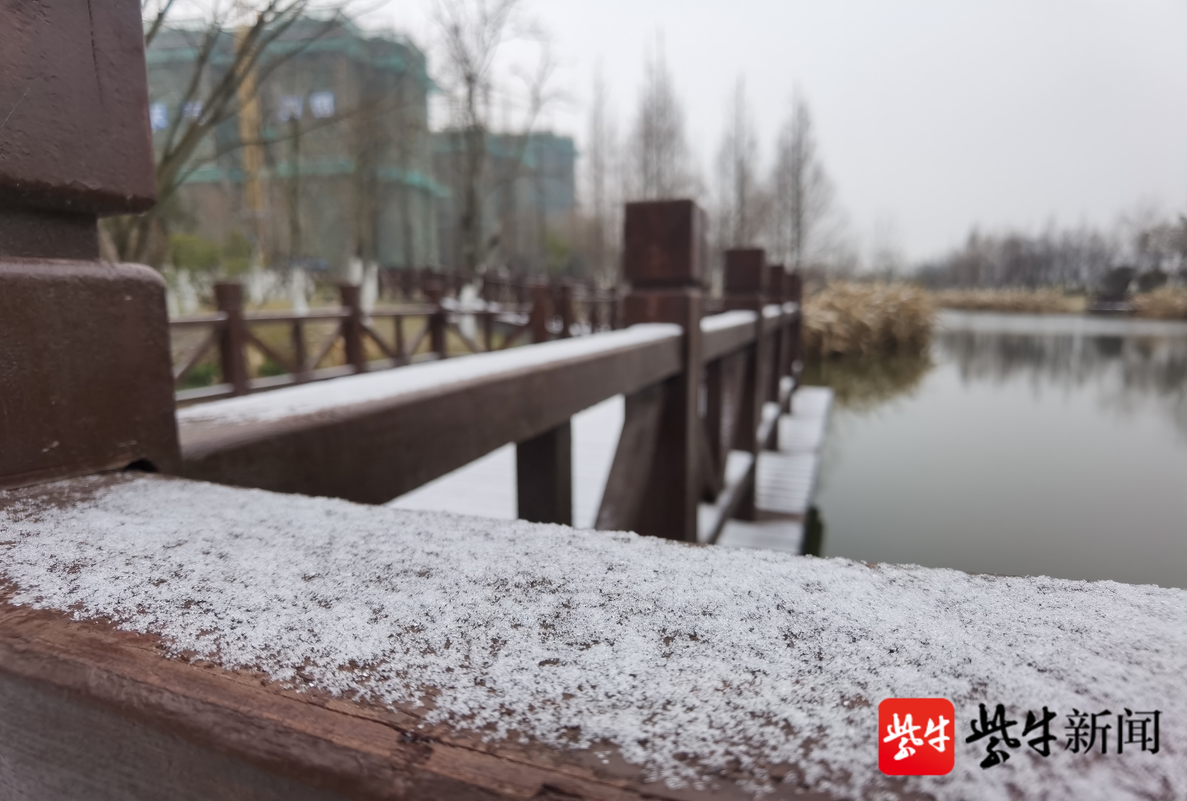 公园栈道护栏上的积雪