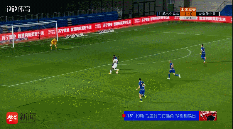 【进球gif】吉翔长传特谢拉吊门,对方四次中门柱,江苏苏宁1:1战平深足