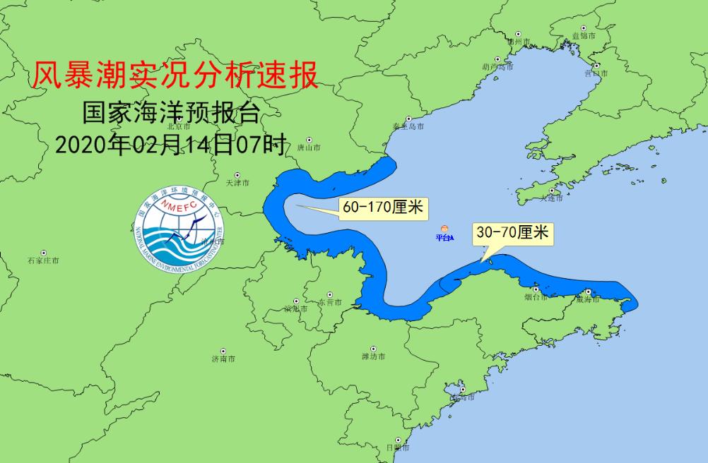 国家海洋预报台:渤海湾出现了60到170厘米的风暴增水