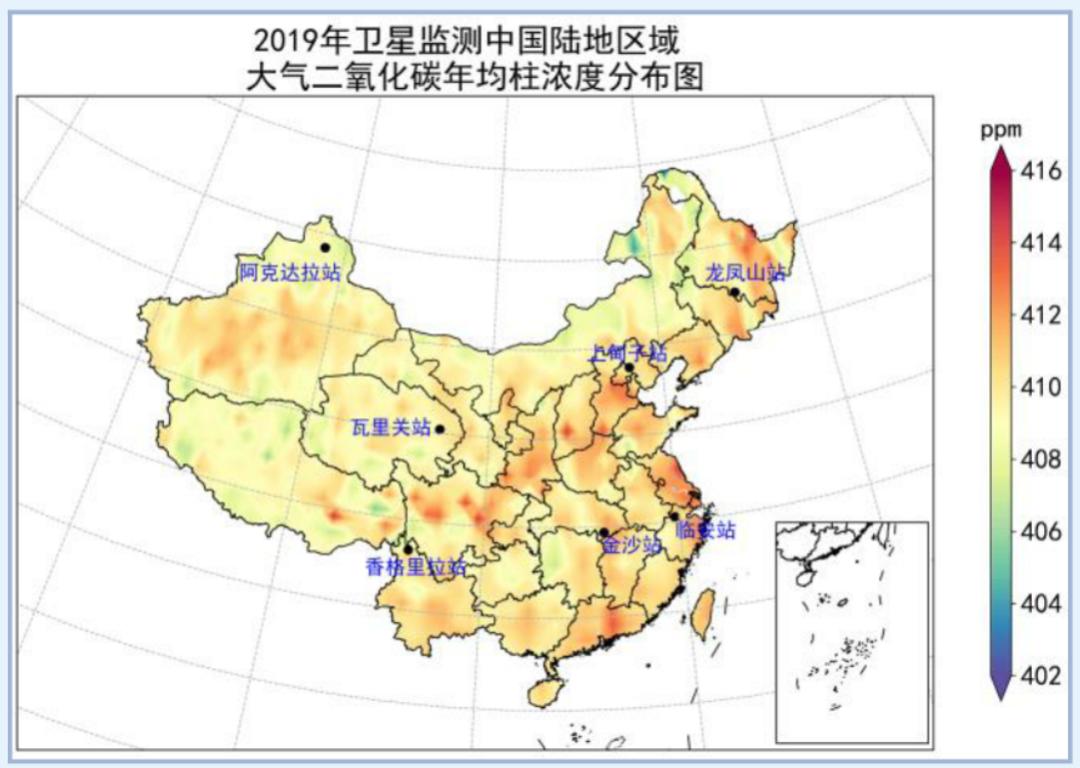 图:2019年卫星监测中国陆地区域大气二氧化碳年均柱浓度分布图