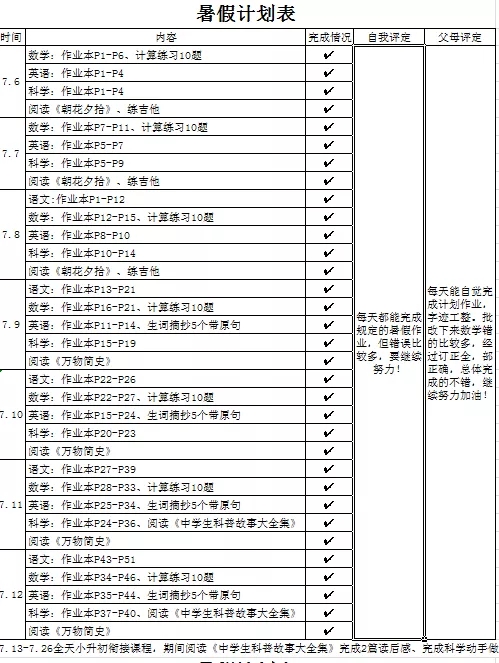 记者顺便看了看小石的同学们的暑期计划表,发现新初一的孩子各个是