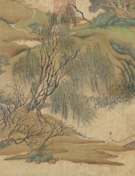 桥边,云雾夹杂着细雨,溪桥边,山路旁,柳树与杏树和桃树相互辉映.