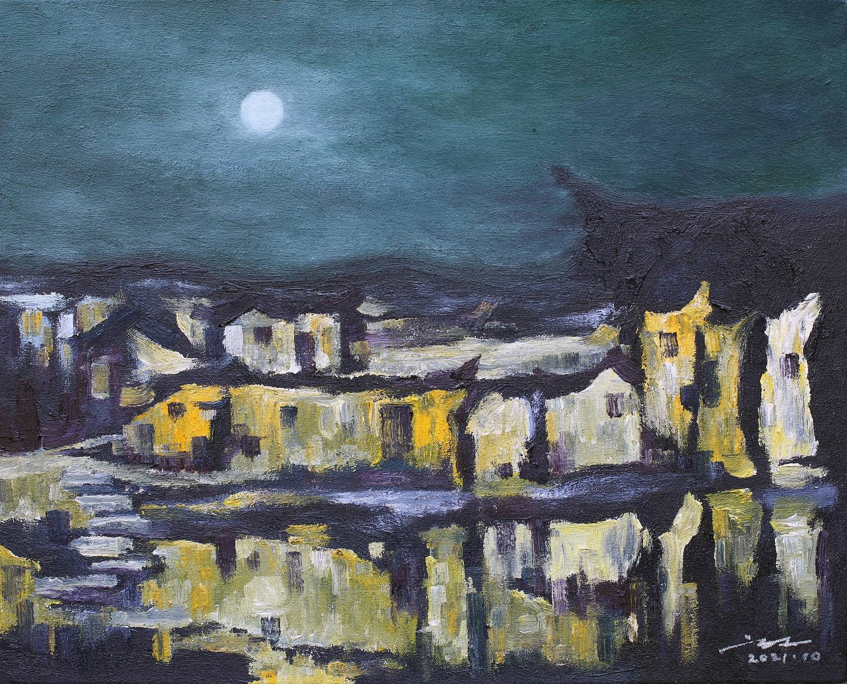 刘工 《夜色主义-月色村庄》 50×40cm 2021 油画