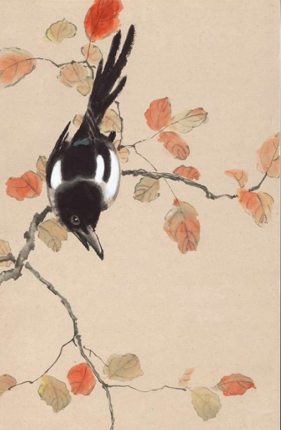 晚秋喜鹊图(局部)  徐悲鸿