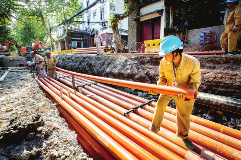 姑苏区架空线入地施工现场.