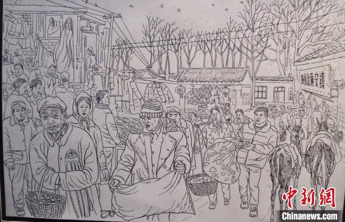 是他历时三个多月,手绘了200多村民,完成的一幅旧时农民过年赶集的