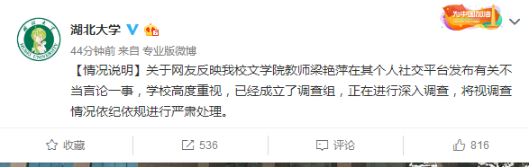 教师梁艳萍发不当言论，湖北大学通报处理结果