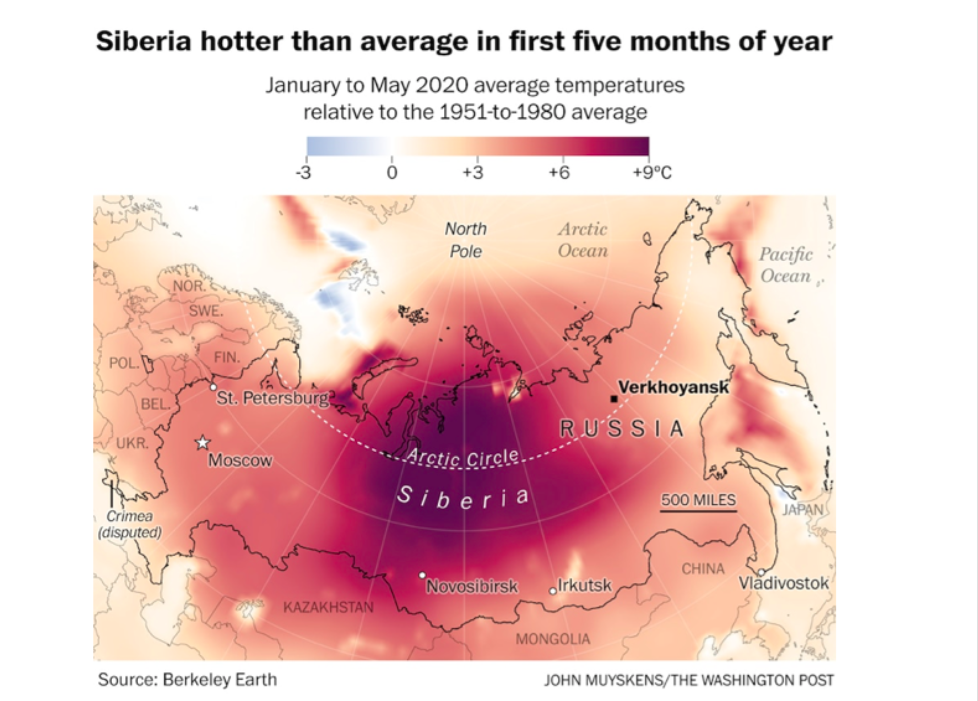 2020年前5個月西伯利亞的高溫 圖據《華盛頓郵報》