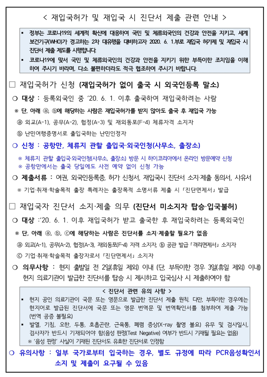 因事先未辦理再入境許可,或未持健康診斷書,新冠病毒核酸檢測證明