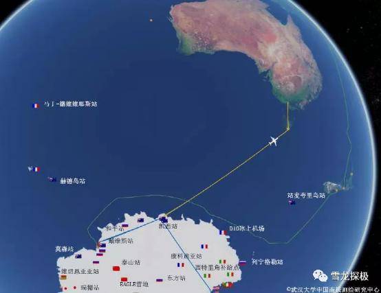 绿线为"雪龙2"号航迹,蓝线为美国bt-76飞行航迹,黄线为澳大利亚a919