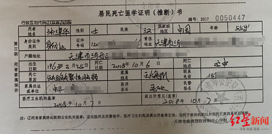 张津华死亡医学证明