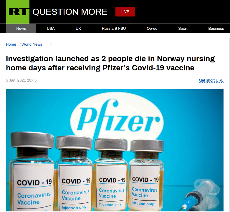 挪威养老院2名老人在接种辉瑞疫苗后死亡,在查是否为巧合