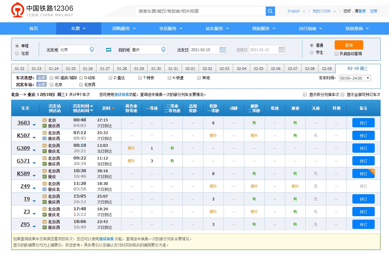 例如,北京到长沙的25个车次中,仅k635,g503,g505,z1四个车次还有余票