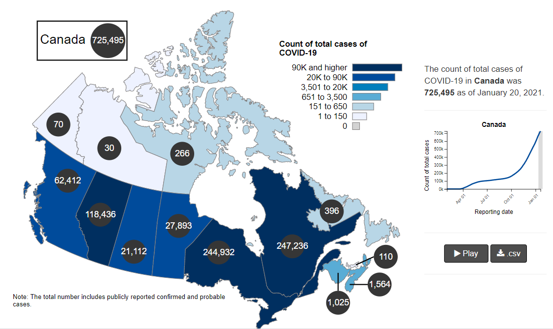 加拿大各地新冠肺炎确诊病例分布地图(图片来源:加拿大政府官网)