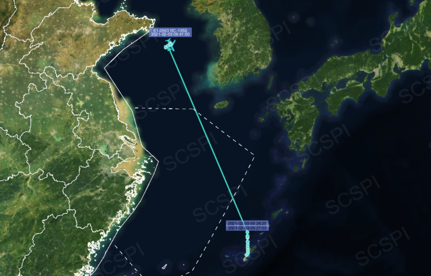 從路線上看,該機從沖繩基地起飛,穿過東海防空識別區後抵達黃海,在