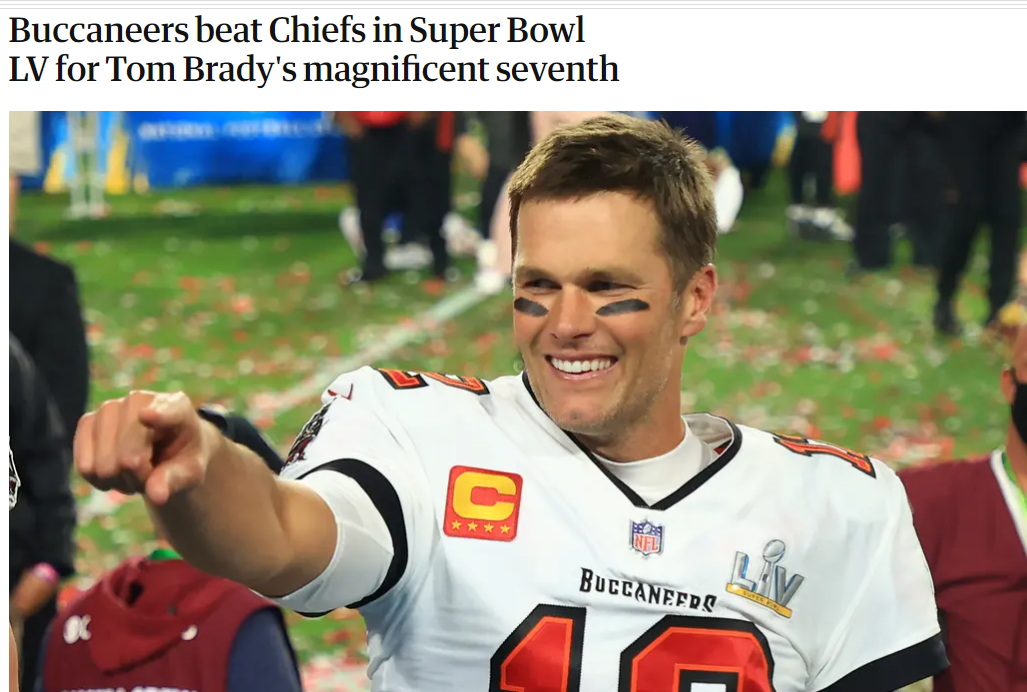 图为美国cbs新闻网对于布拉迪取得的历史性成就的报道以及英国《卫报