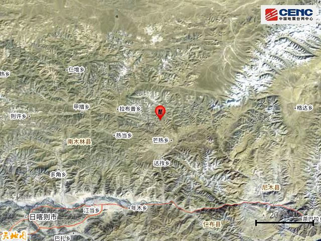 西藏南木林县发生4.0级地震 震源深度24千米