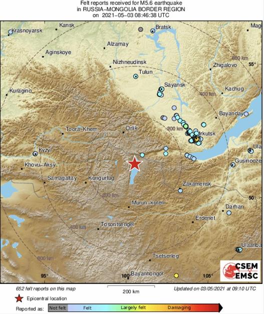 欧洲地中海地震中心:俄罗斯和蒙古国边境地区发生56级地震