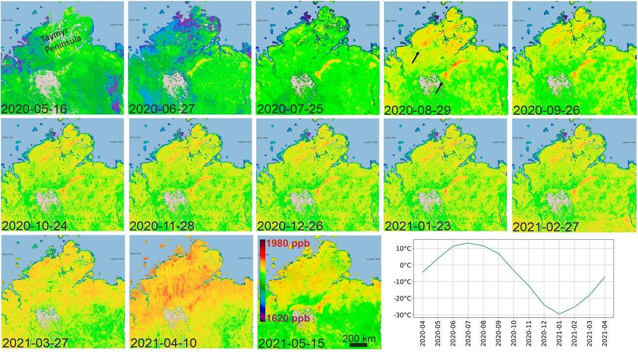 发现6月热浪后西伯利亚北区与泰米尔半岛存在两个细长的甲烷浓度升