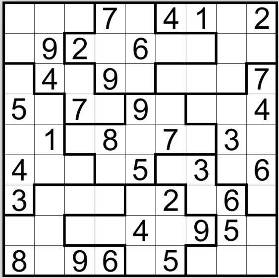 答案: 不规则数独:将数字1-9填入空格内,使每行,每列及每个不规则形粗