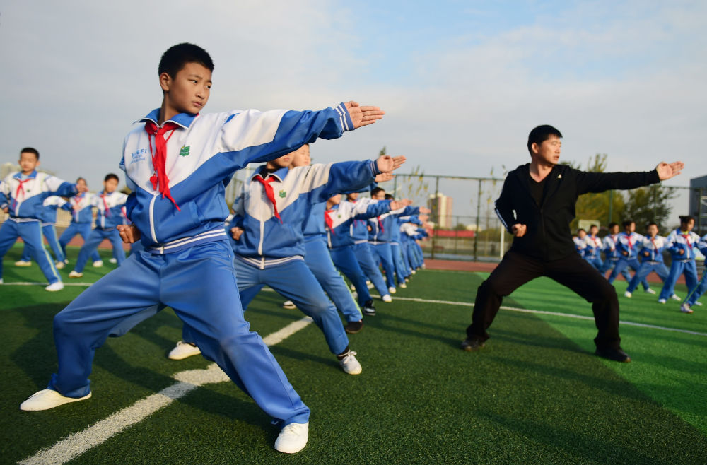 河北沧州青县实验小学的学生在体育老师的指导下练习盘古王拳