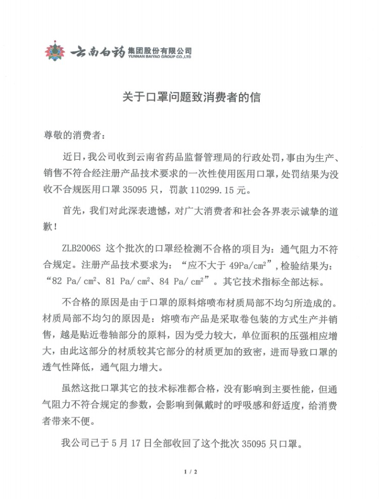 被罚11万！千亿市值云南白药就不合格口罩事件道歉 